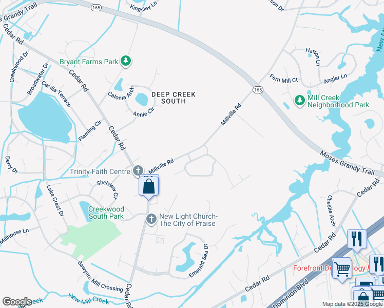 map of restaurants, bars, coffee shops, grocery stores, and more near 2181 Millville Road in Chesapeake