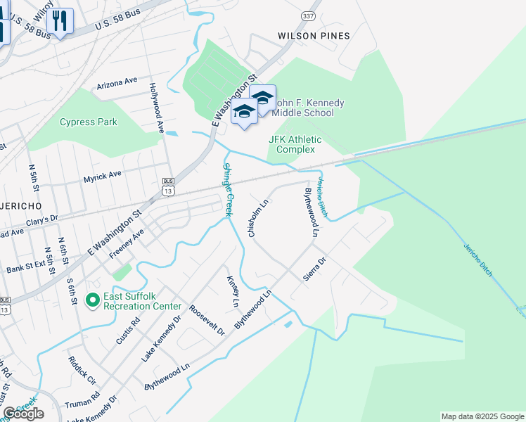 map of restaurants, bars, coffee shops, grocery stores, and more near 532 Chisholm Lane in Suffolk