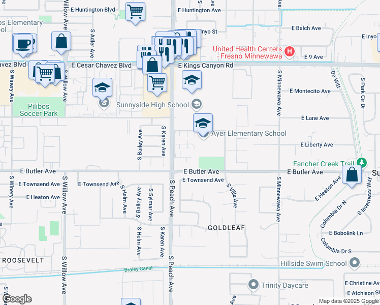 map of restaurants, bars, coffee shops, grocery stores, and more near 5243 East Liberty Avenue in Fresno