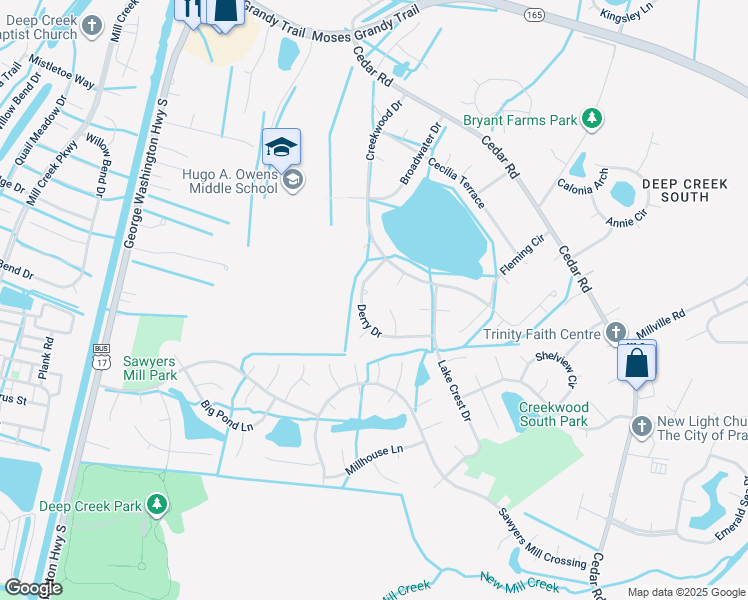 map of restaurants, bars, coffee shops, grocery stores, and more near 2725 Derry Drive in Chesapeake