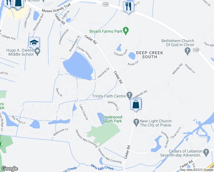map of restaurants, bars, coffee shops, grocery stores, and more near 733 Creekwood Drive in Chesapeake
