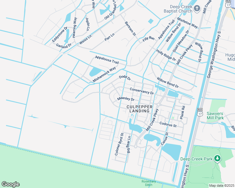 map of restaurants, bars, coffee shops, grocery stores, and more near Simpson Lane in Chesapeake