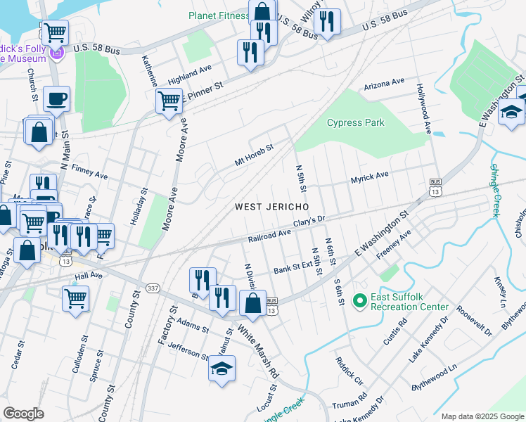 map of restaurants, bars, coffee shops, grocery stores, and more near 314 North Lloyd Street in Suffolk