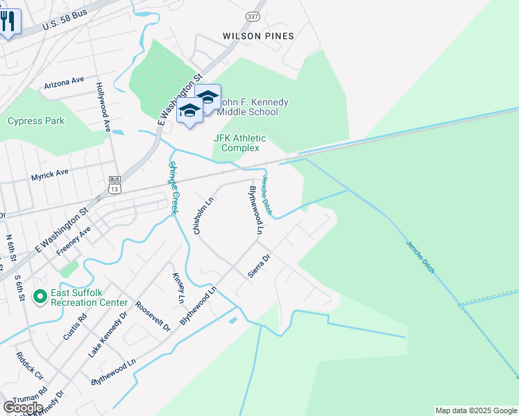 map of restaurants, bars, coffee shops, grocery stores, and more near 1415 Blythewood Lane in Suffolk