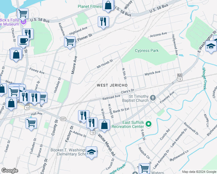 map of restaurants, bars, coffee shops, grocery stores, and more near 314 North Lloyd Street in Suffolk