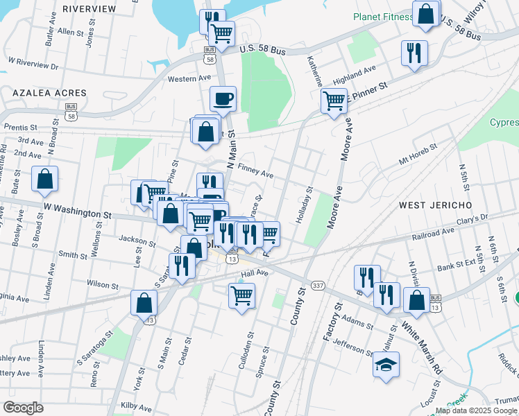 map of restaurants, bars, coffee shops, grocery stores, and more near in Suffolk