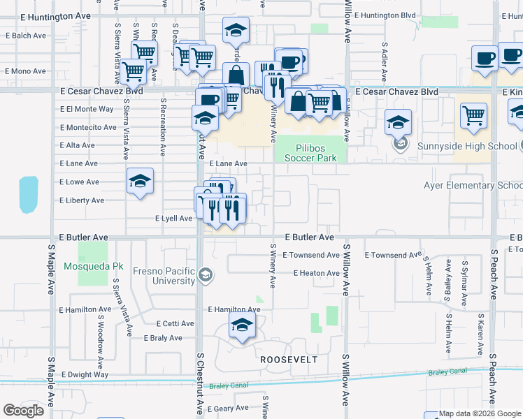map of restaurants, bars, coffee shops, grocery stores, and more near 1190 South Winery Avenue in Fresno