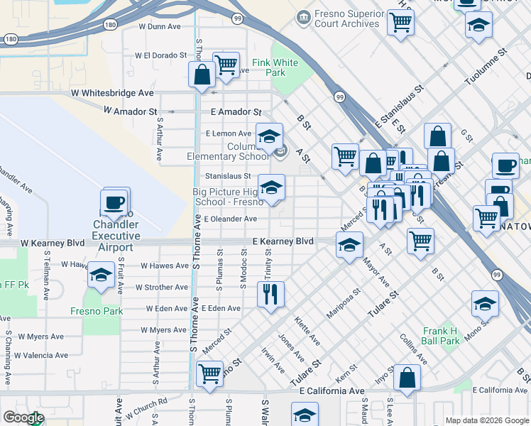 map of restaurants, bars, coffee shops, grocery stores, and more near 220 East Tuolumne Street in Fresno