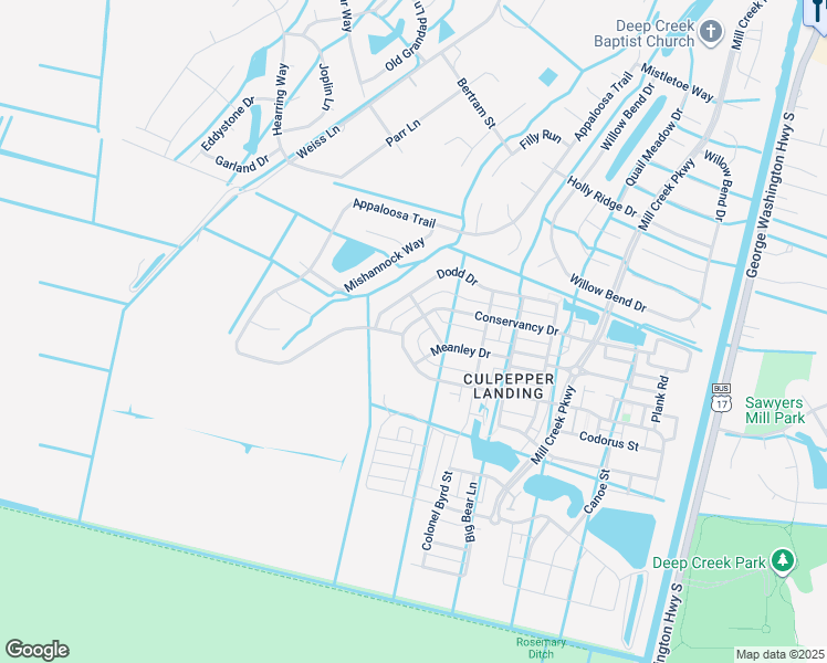 map of restaurants, bars, coffee shops, grocery stores, and more near 3363 Conservancy Drive in Chesapeake