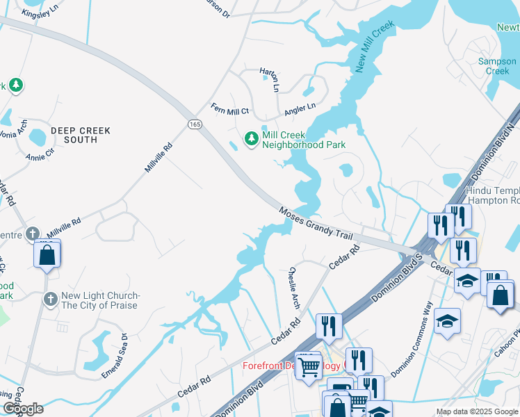 map of restaurants, bars, coffee shops, grocery stores, and more near 1929 Moses Grandy Trail in Chesapeake