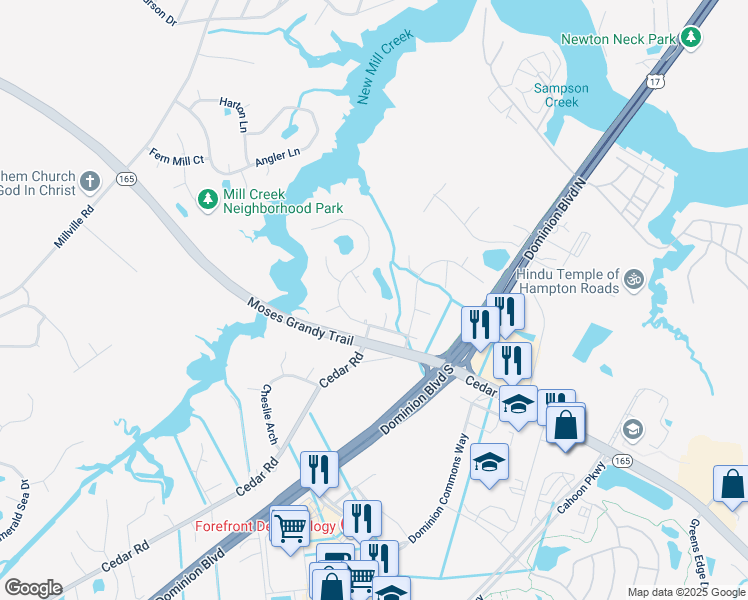 map of restaurants, bars, coffee shops, grocery stores, and more near 409 Elliston Way in Chesapeake