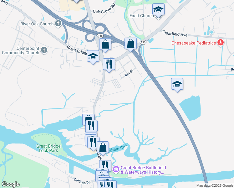 map of restaurants, bars, coffee shops, grocery stores, and more near 122 Welch Lane in Chesapeake