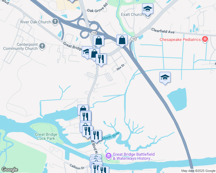 map of restaurants, bars, coffee shops, grocery stores, and more near 122 Welch Lane in Chesapeake