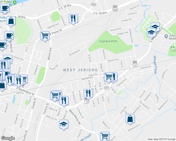 map of restaurants, bars, coffee shops, grocery stores, and more near 306 North 4th Street in Suffolk