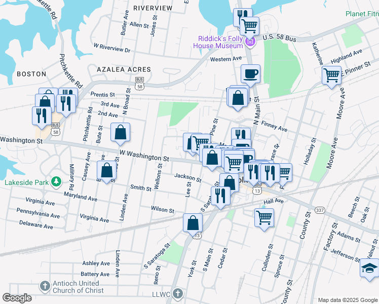 map of restaurants, bars, coffee shops, grocery stores, and more near 123 Chestnut Street in Suffolk