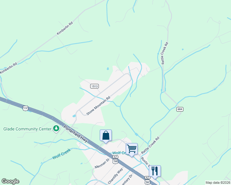 map of restaurants, bars, coffee shops, grocery stores, and more near 19284 Stone Mountain Road in Abingdon