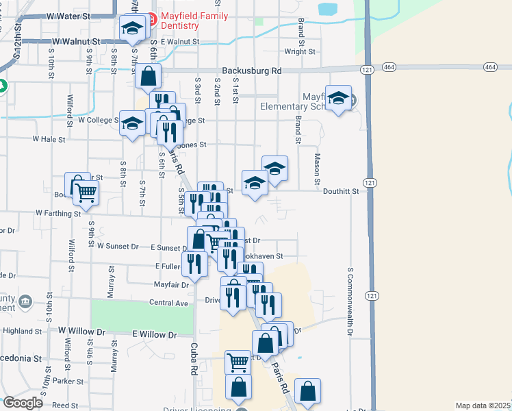 map of restaurants, bars, coffee shops, grocery stores, and more near 700 Douthitt Street in Mayfield
