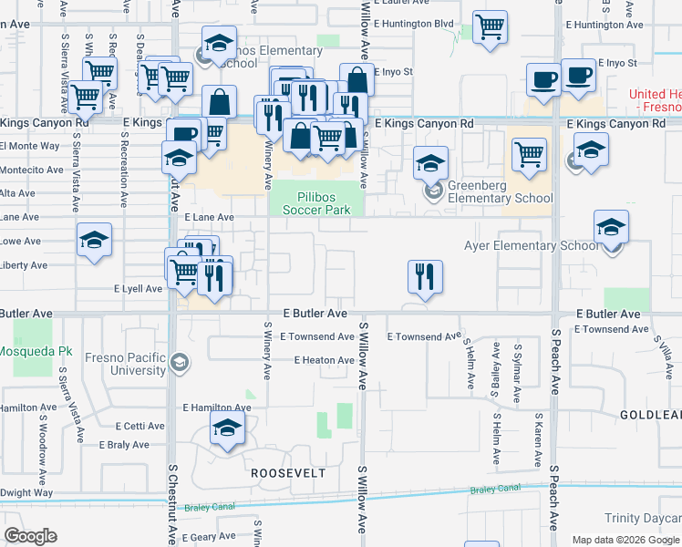 map of restaurants, bars, coffee shops, grocery stores, and more near 4975 East Butler Avenue in Fresno