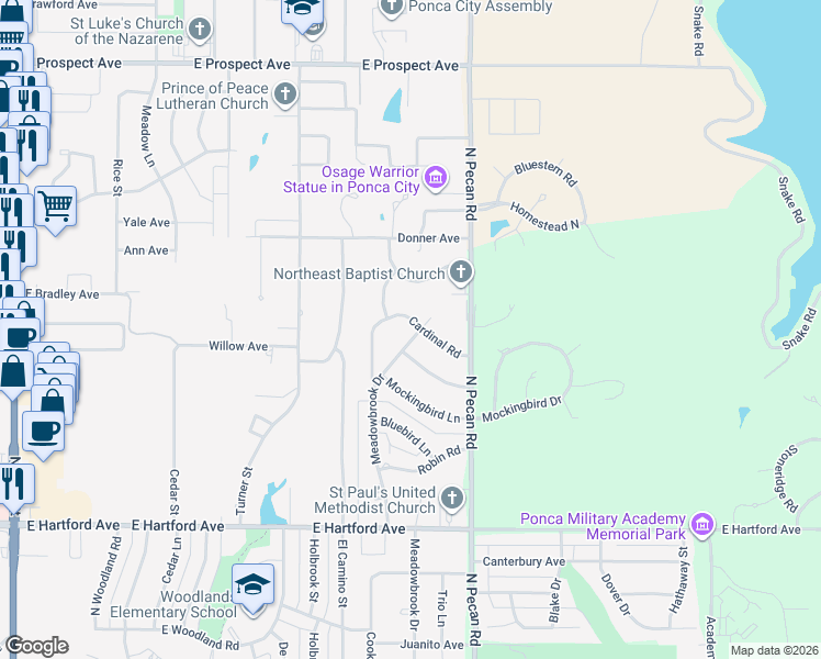 map of restaurants, bars, coffee shops, grocery stores, and more near 2400 Cardinal Road in Ponca City
