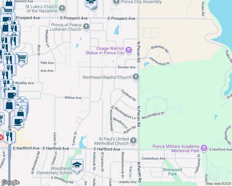 map of restaurants, bars, coffee shops, grocery stores, and more near 2220 Cardinal Road in Ponca City