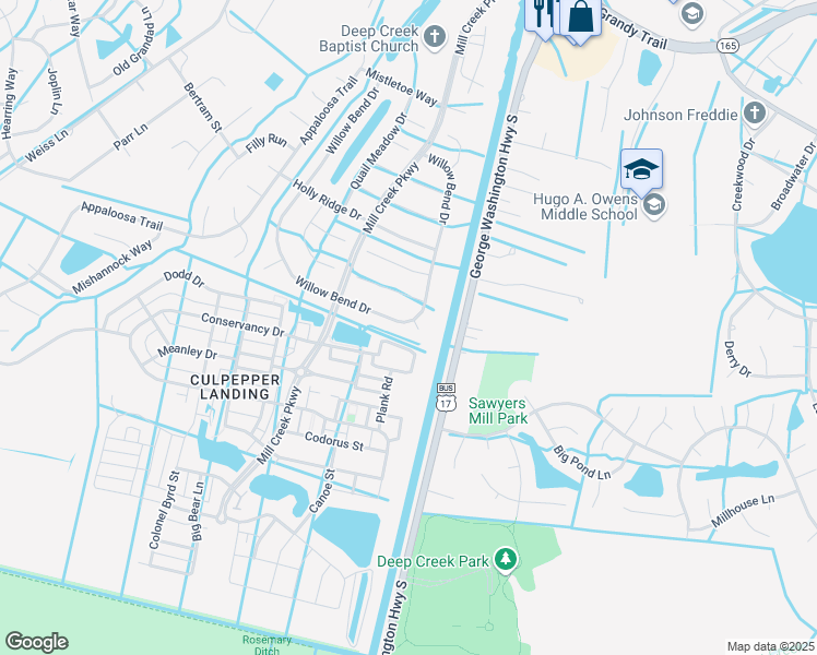 map of restaurants, bars, coffee shops, grocery stores, and more near 500 Ashley Caroline Court in Chesapeake