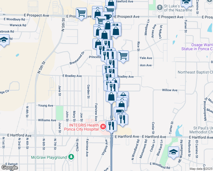 map of restaurants, bars, coffee shops, grocery stores, and more near 2214 North 14th Street in Ponca City