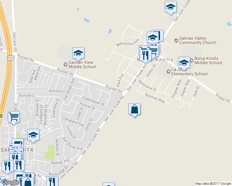 map of restaurants, bars, coffee shops, grocery stores, and more near 84 Russell Road in Salinas