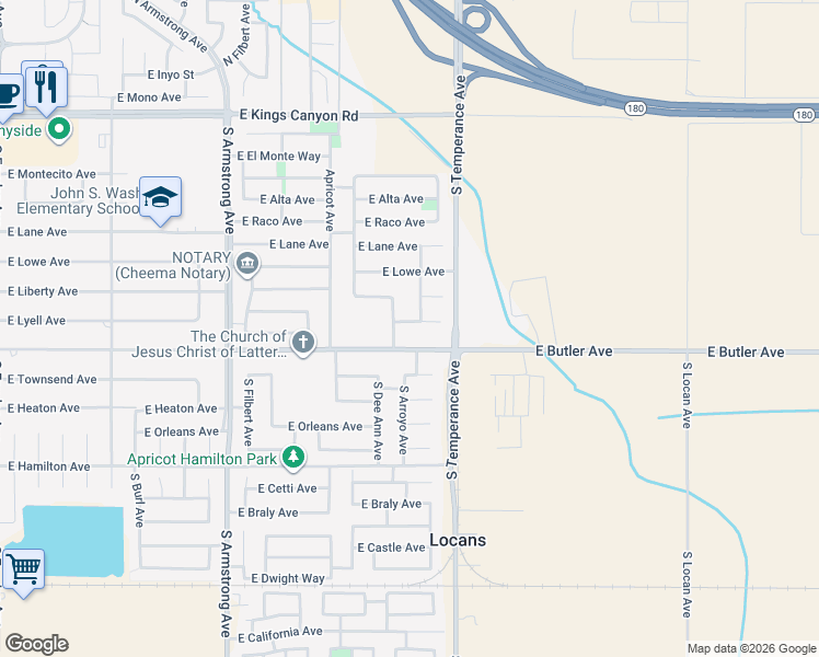 map of restaurants, bars, coffee shops, grocery stores, and more near 413 South Arroyo Avenue in Fresno