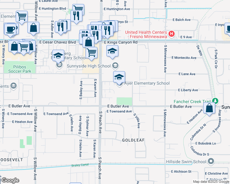 map of restaurants, bars, coffee shops, grocery stores, and more near 5243 East Liberty Avenue in Fresno