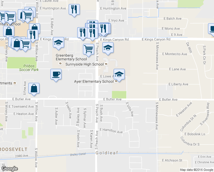 map of restaurants, bars, coffee shops, grocery stores, and more near 5243 East Liberty Avenue in Fresno