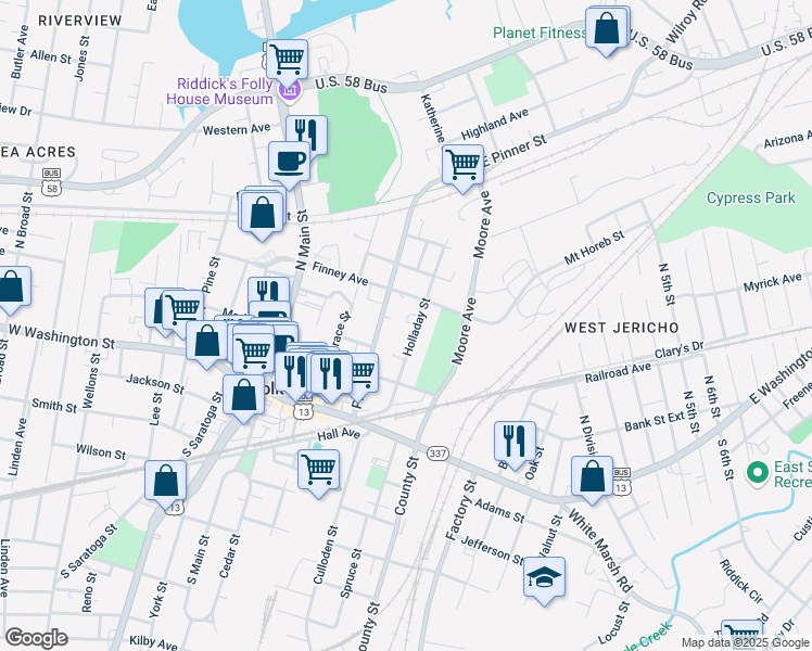 map of restaurants, bars, coffee shops, grocery stores, and more near 228 Pinner Street in Suffolk