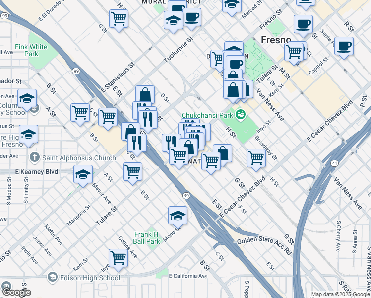 map of restaurants, bars, coffee shops, grocery stores, and more near 970 F Street in Fresno