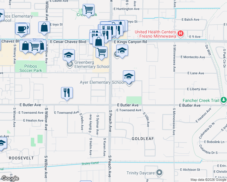 map of restaurants, bars, coffee shops, grocery stores, and more near 5206 East Liberty Avenue in Fresno
