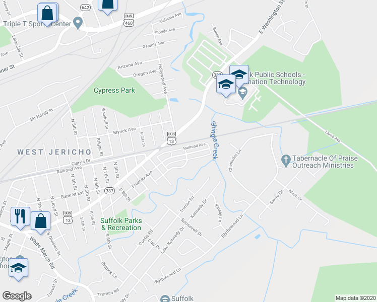 map of restaurants, bars, coffee shops, grocery stores, and more near 2064 Freeney Avenue in Suffolk