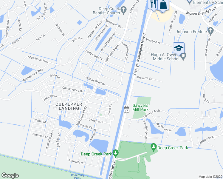 map of restaurants, bars, coffee shops, grocery stores, and more near 528 Willow Bend Drive in Chesapeake