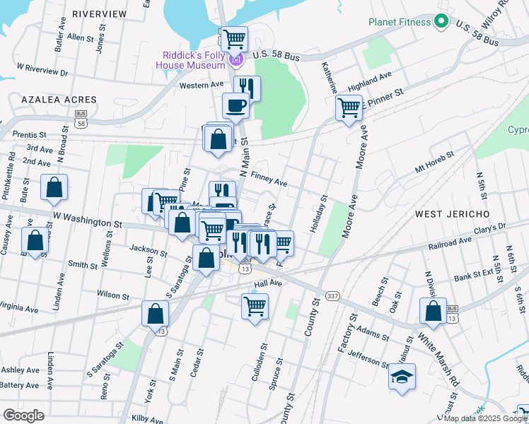 map of restaurants, bars, coffee shops, grocery stores, and more near 215 Grace Street in Suffolk