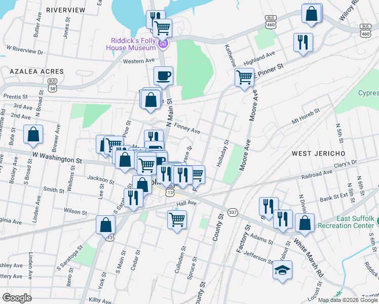 map of restaurants, bars, coffee shops, grocery stores, and more near 216 Grace Street in Suffolk