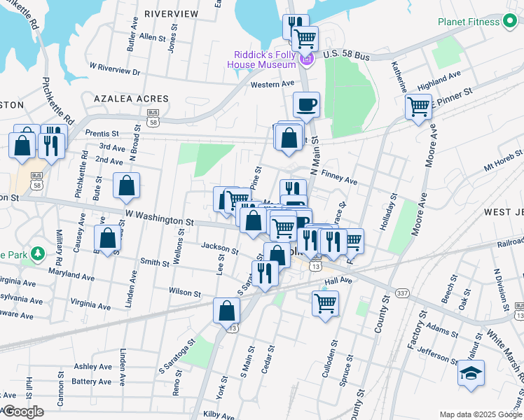 map of restaurants, bars, coffee shops, grocery stores, and more near 127 Clay Street in Suffolk