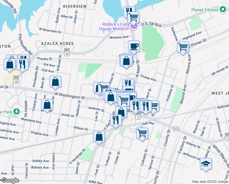 map of restaurants, bars, coffee shops, grocery stores, and more near 127 Clay Street in Suffolk