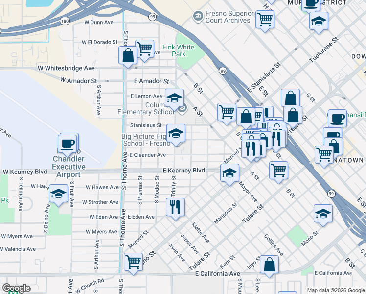 map of restaurants, bars, coffee shops, grocery stores, and more near 1207 South Trinity Street in Fresno