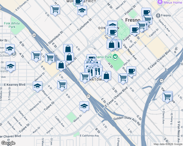 map of restaurants, bars, coffee shops, grocery stores, and more near 970 F Street in Fresno