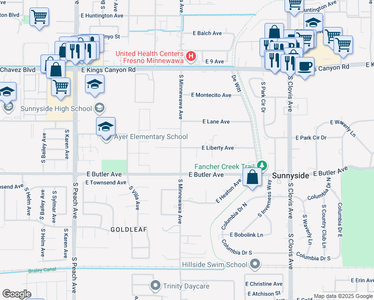map of restaurants, bars, coffee shops, grocery stores, and more near 5418 East Liberty Avenue in Fresno