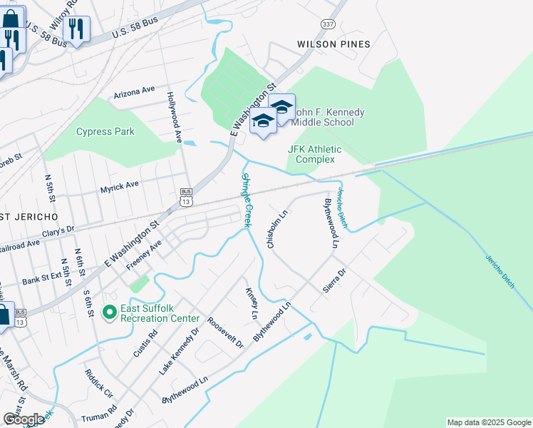 map of restaurants, bars, coffee shops, grocery stores, and more near 505 Landing Court in Suffolk