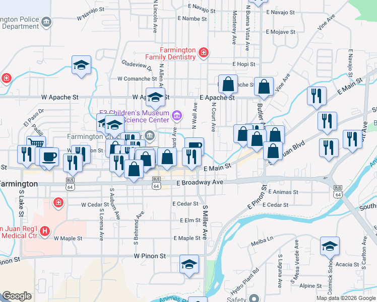 map of restaurants, bars, coffee shops, grocery stores, and more near 110 East Arrington Street in Farmington