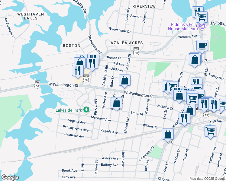 map of restaurants, bars, coffee shops, grocery stores, and more near 620 West Washington Street in Suffolk