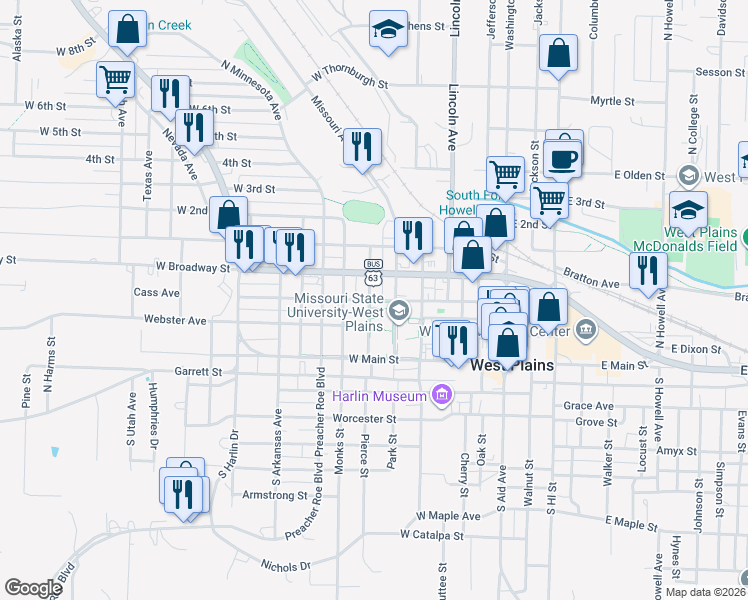 map of restaurants, bars, coffee shops, grocery stores, and more near West Cass Avenue in West Plains