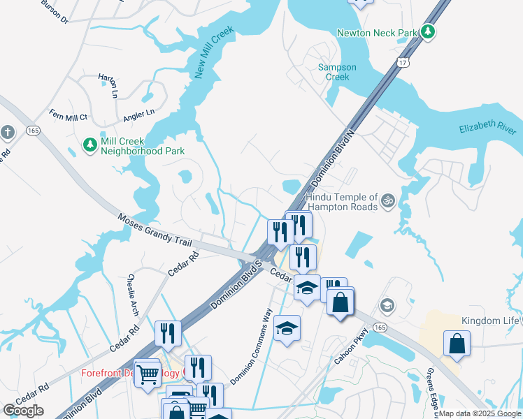 map of restaurants, bars, coffee shops, grocery stores, and more near 1705 Luxenbay Lane in Chesapeake