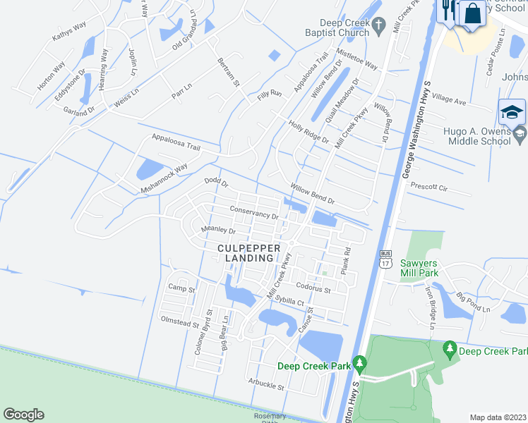 map of restaurants, bars, coffee shops, grocery stores, and more near 3236 Conservancy Drive in Chesapeake