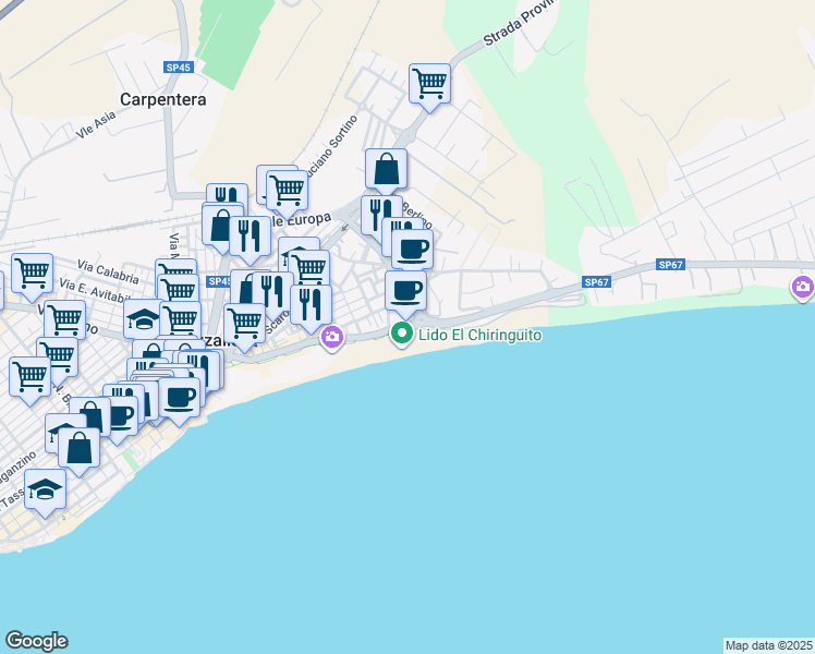 map of restaurants, bars, coffee shops, grocery stores, and more near 61 Via L.M. Pietrenere in Pozzallo