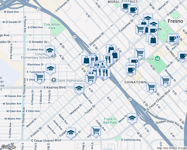 map of restaurants, bars, coffee shops, grocery stores, and more near in Fresno